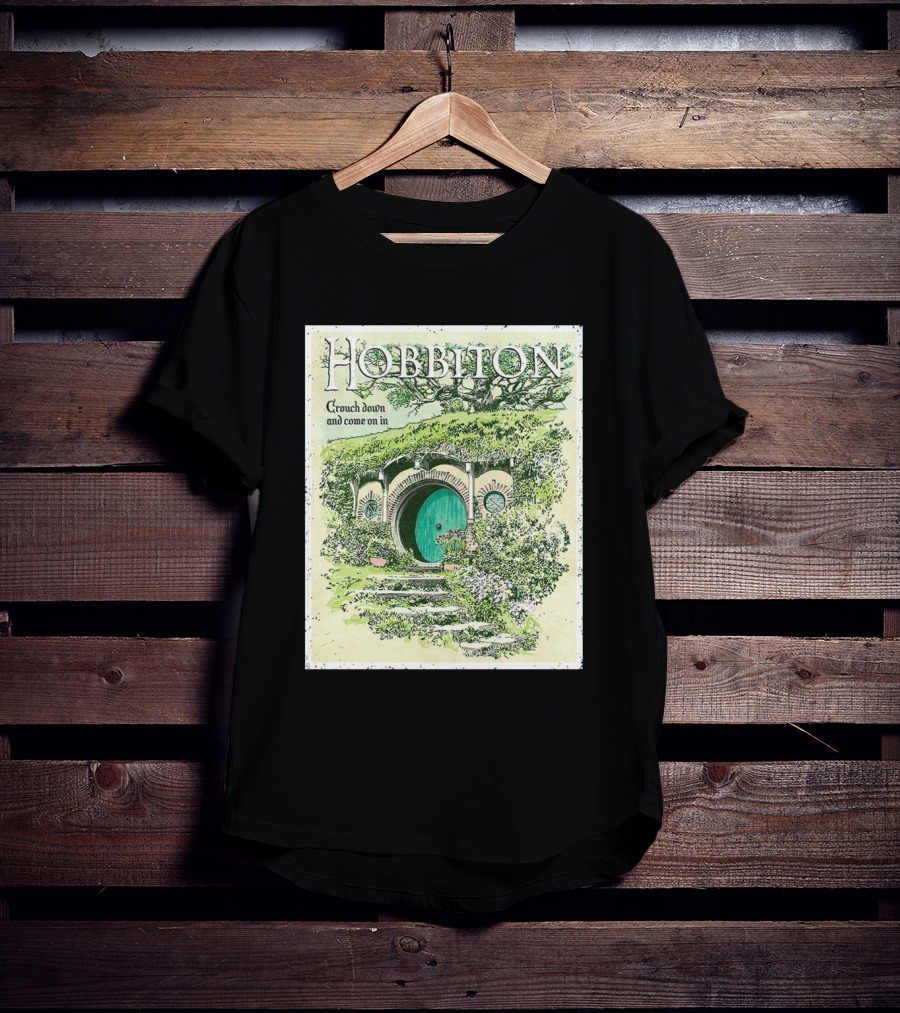 Hobbiton Crouch Down And Come On In With Illustrated Green Door And Garden Path T-Shirt