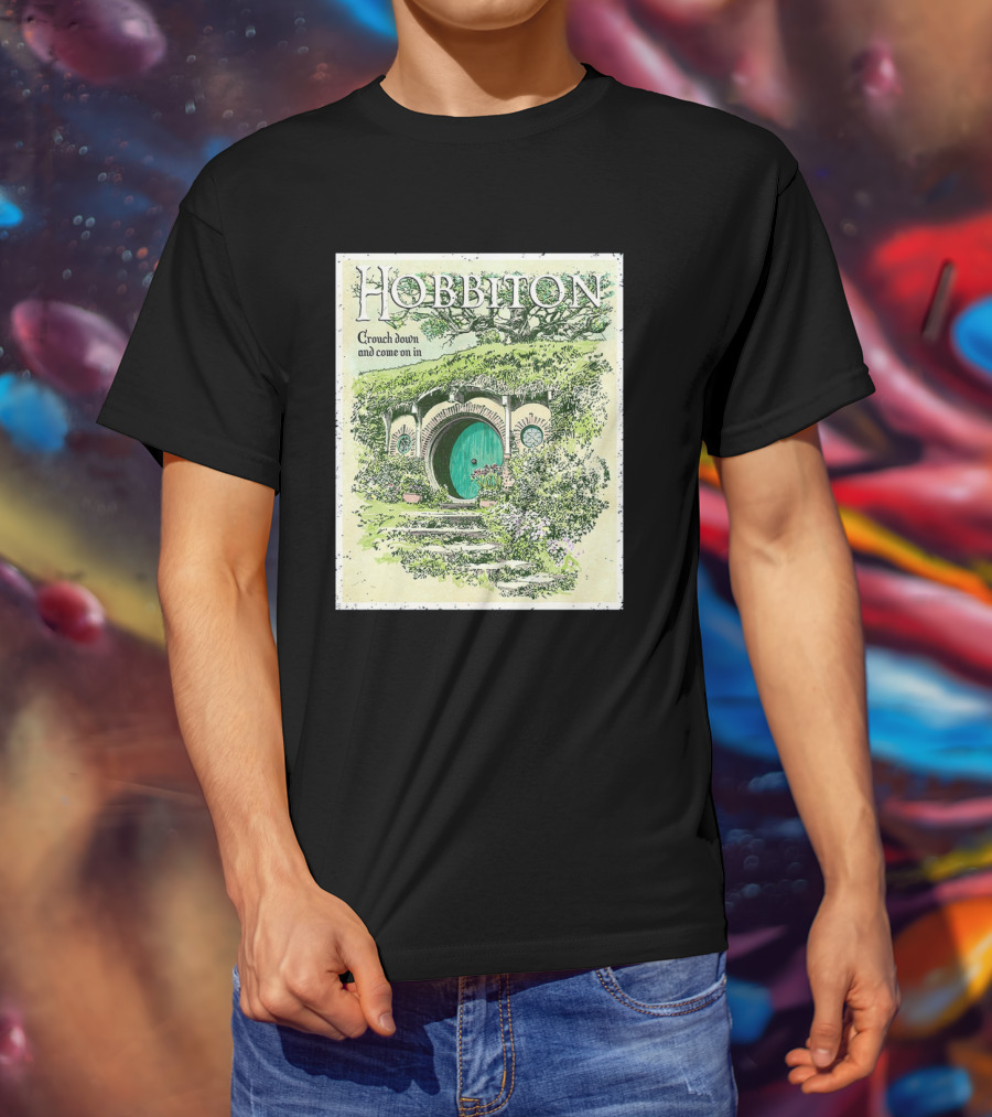 Hobbiton Crouch Down And Come On In With Illustrated Green Door And Garden Path T-Shirt