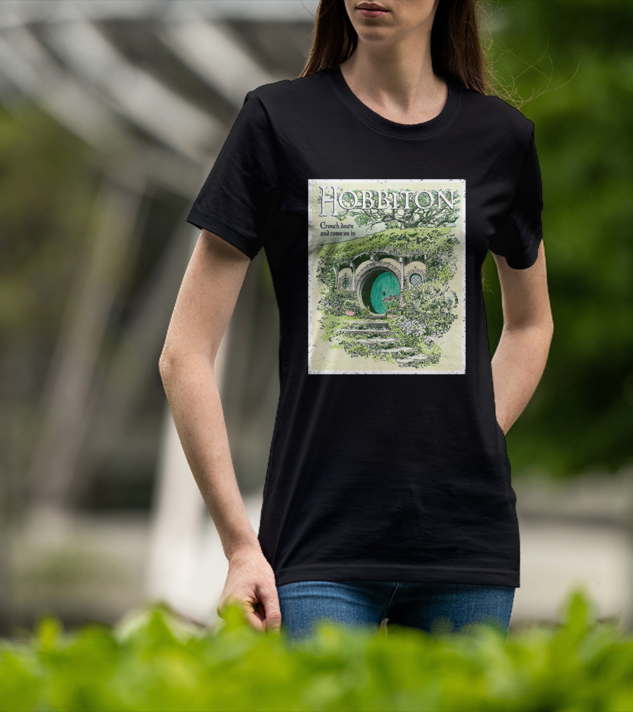 Hobbiton Crouch Down And Come On In With Illustrated Green Door And Garden Path T-Shirt