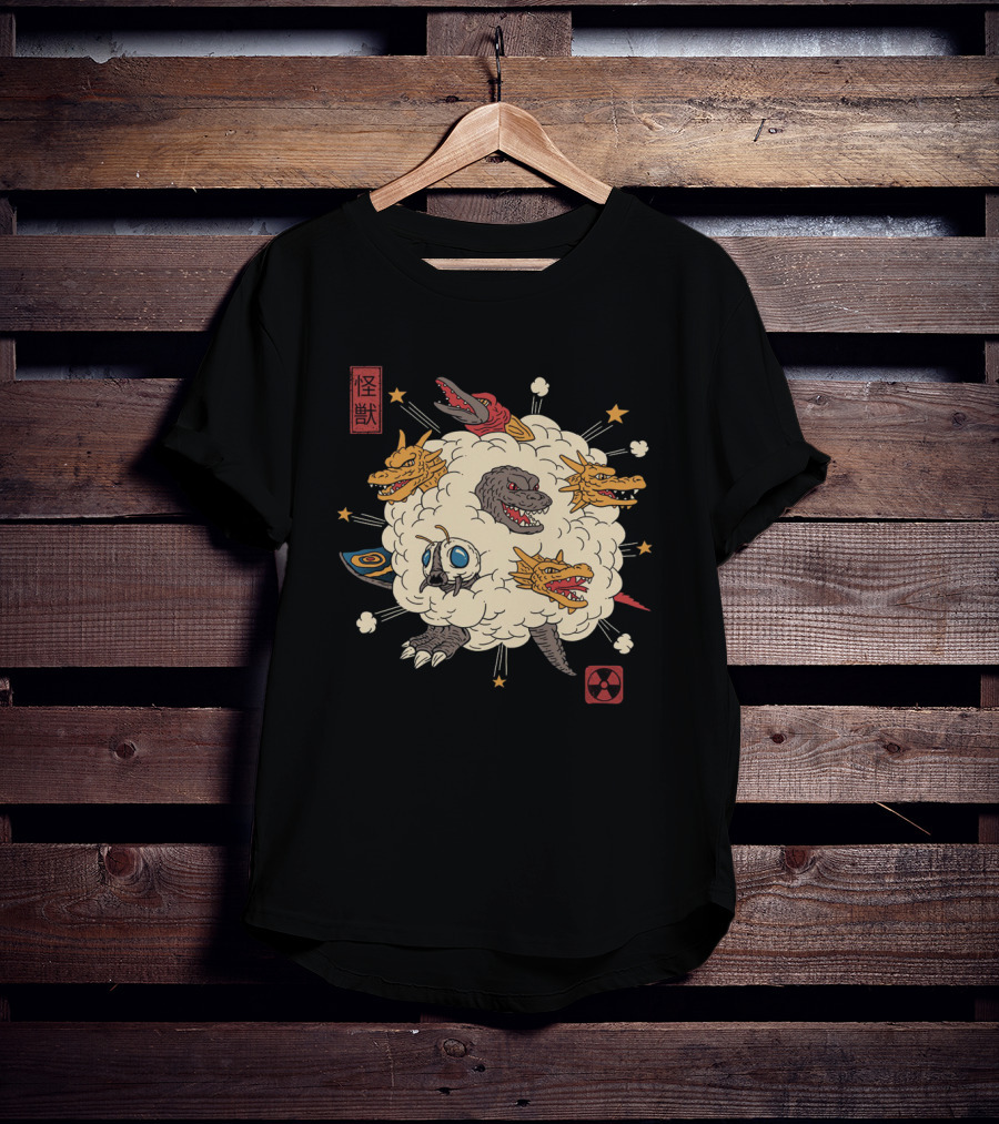 Kaiju Rumble Monster Battle Scene With Nuclear Symbol And Japanese Characters T-Shirt