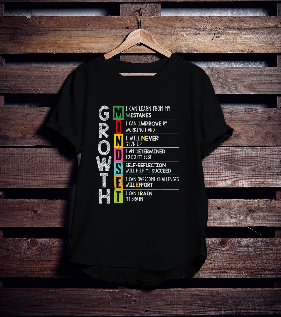 Growth Mindset Mistakes Improve Hard Work Never Give Up Determined Self Reflection Succeed Overcome Challenges Train Brain T-Shirt