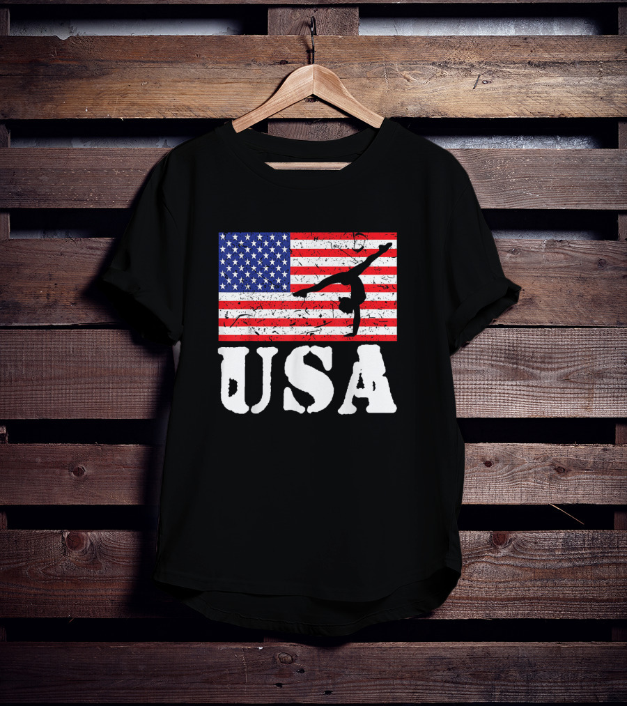 Distressed USA Flag Gymnastics Vintage Tumbling American Flag T-Shirt