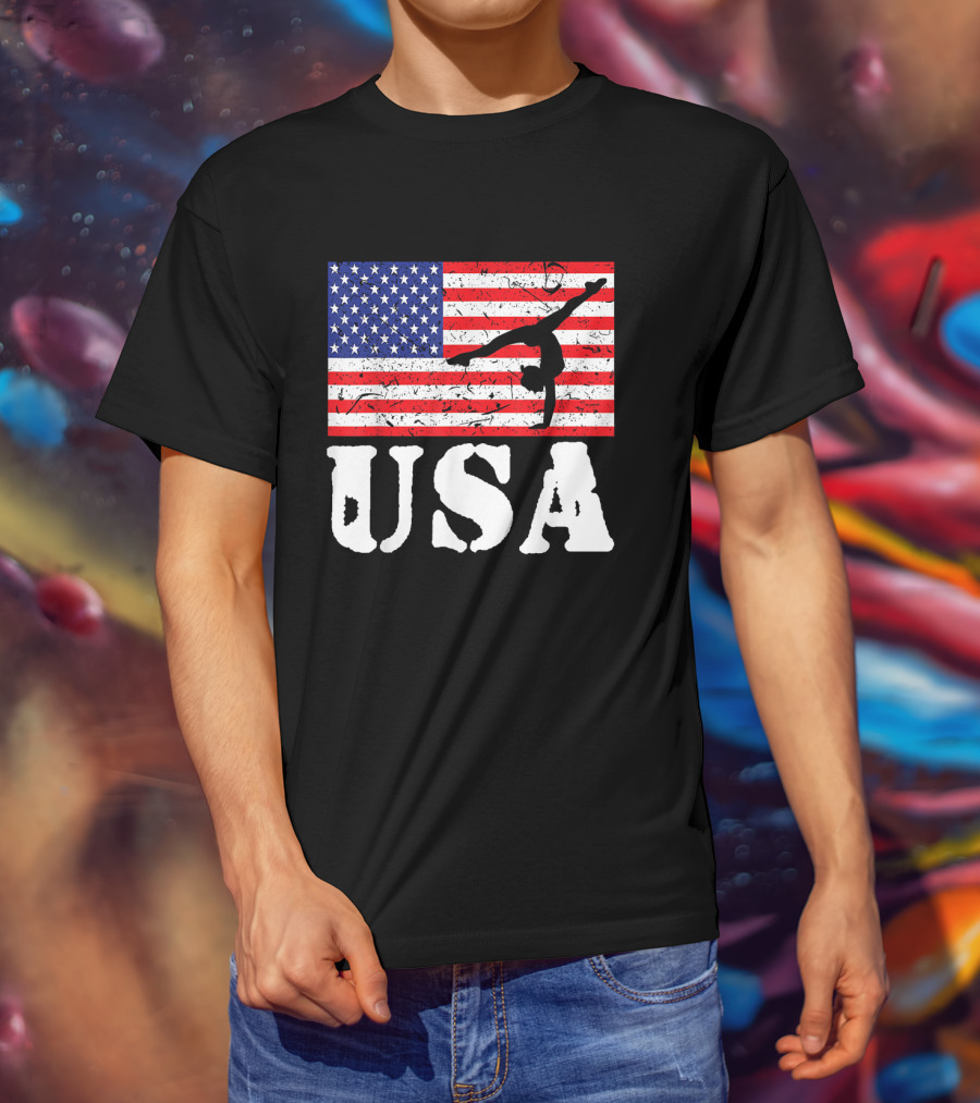 Distressed USA Flag Gymnastics Vintage Tumbling American Flag T-Shirt
