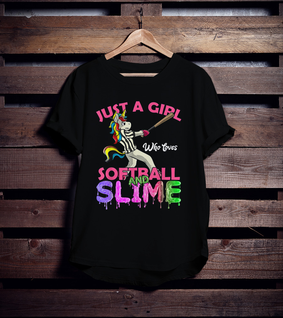 Just A Girl Who Loves Softball And Slime Unicorn With Colorful Bat-Wielding Character T-Shirt