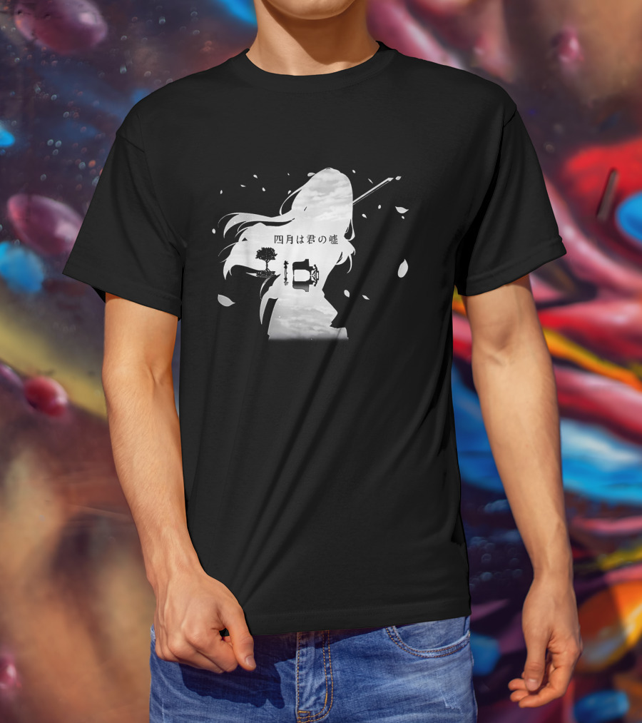 Your Lie In April Anime Piano And Violin Silhouette With Tree And Clouds T-Shirt