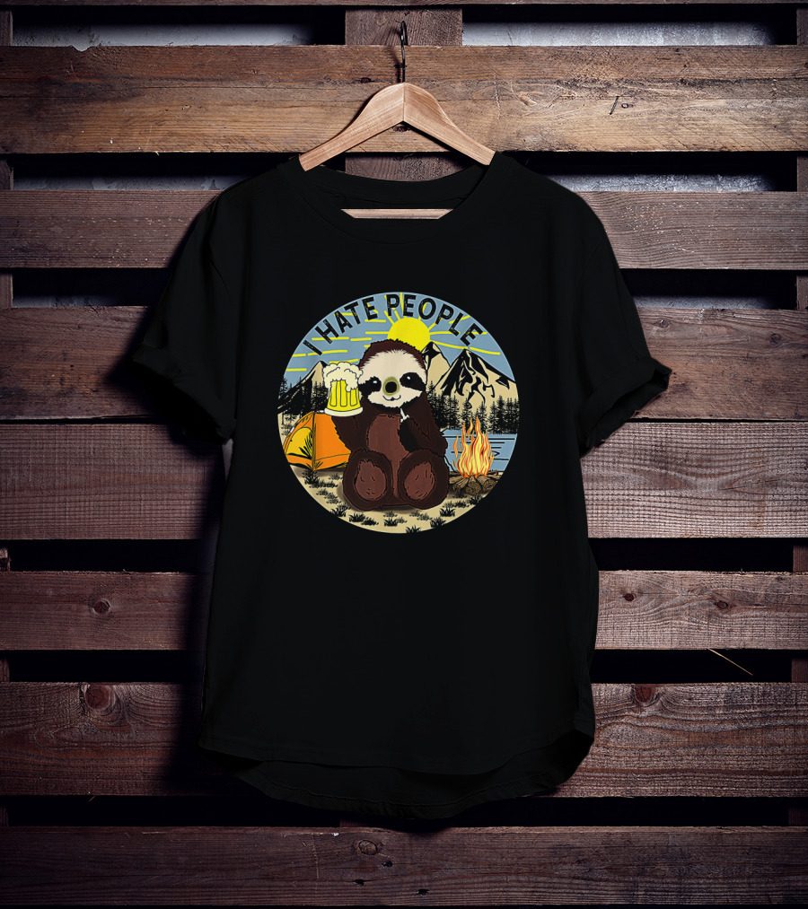 Sloth Holding Beer In Mountain Camping Scene With I Hate People Text T-Shirt
