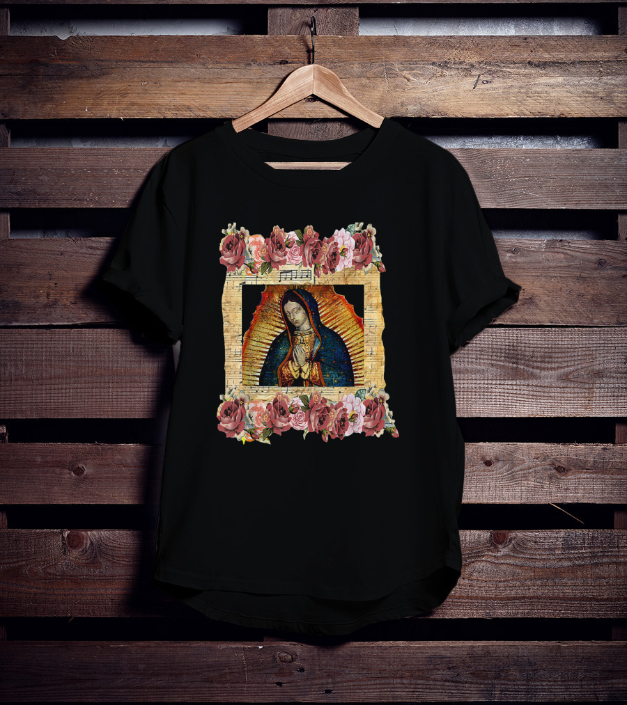 Our Lady Of Guadalupe Virgin Mary Floral Frame With Sheet Music Background Mexico T-Shirt