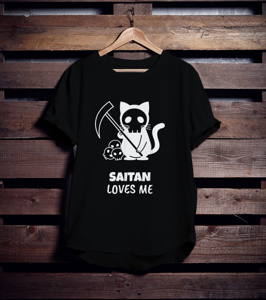 Saitan Katze Loves Me Cartoon Grim Reaper Skull 666 Der Tod T-Shirt