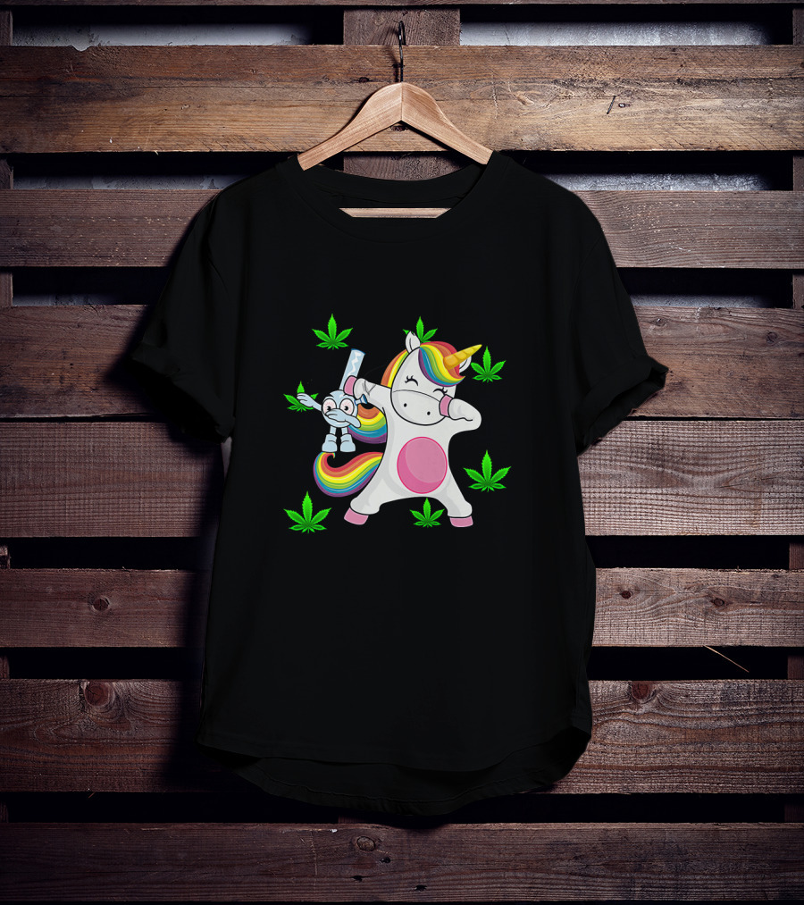 Unicorn Dab With Rainbow Bong Surrounded By Marijuana Leaves T-Shirt