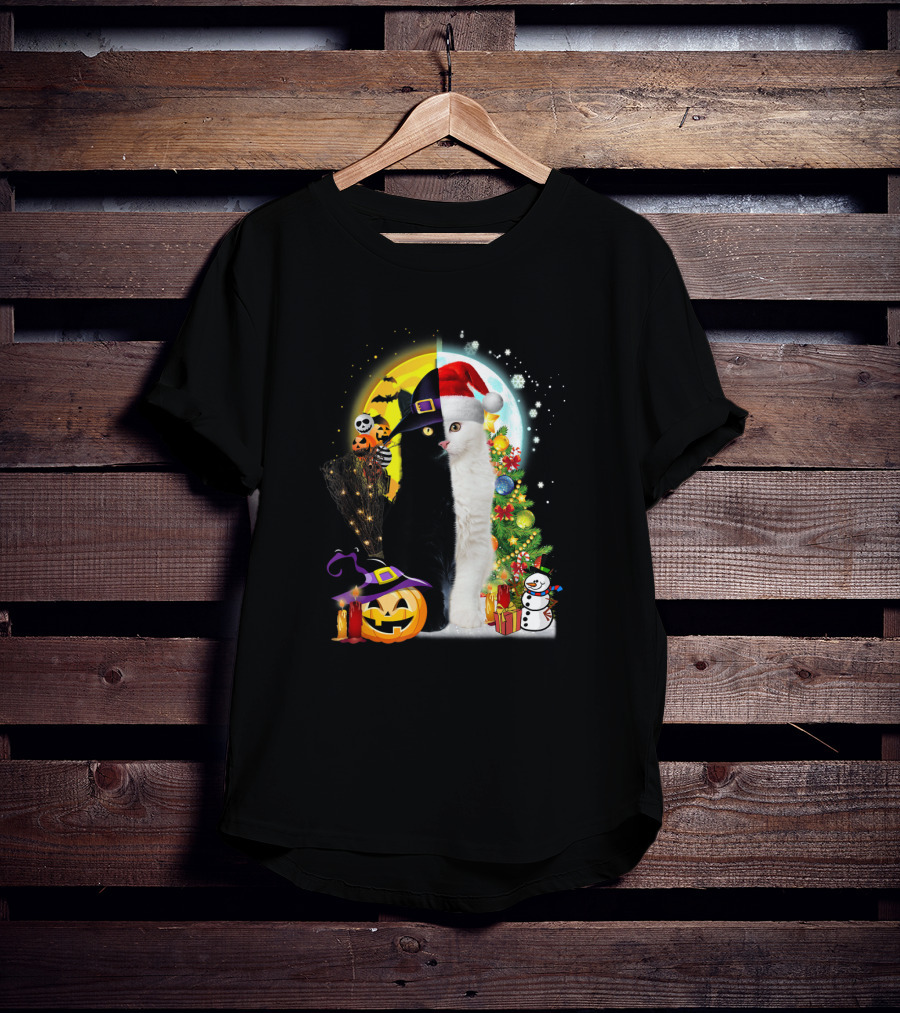 Black And White Cat Halloween Pumpkin Witch Hat And Merry Christmas Tree Santa Hat Snowman T-Shirt