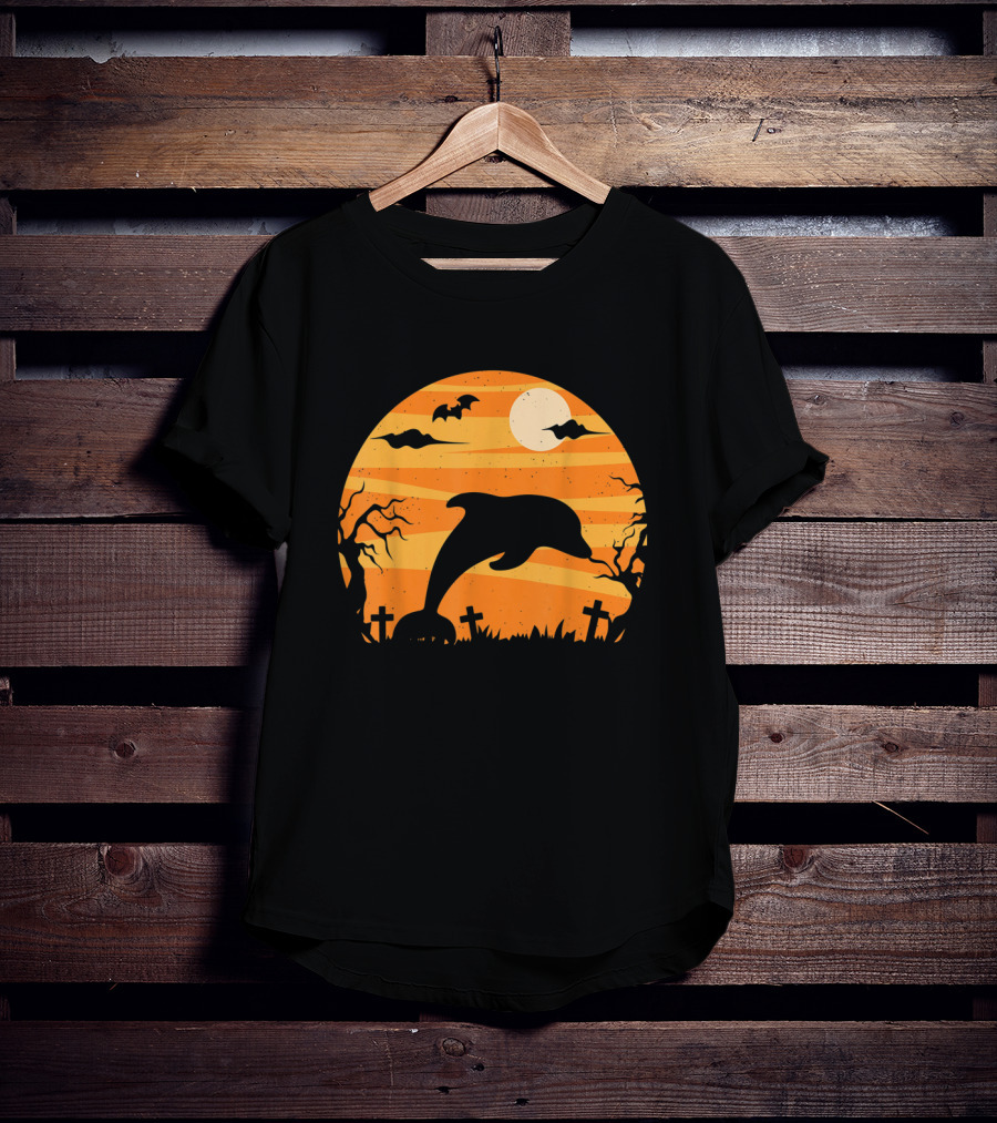 Dolphin Halloween Moon Graveyard Scene With Bats And Trees T-Shirt