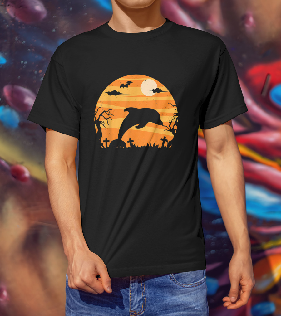 Dolphin Halloween Moon Graveyard Scene With Bats And Trees T-Shirt