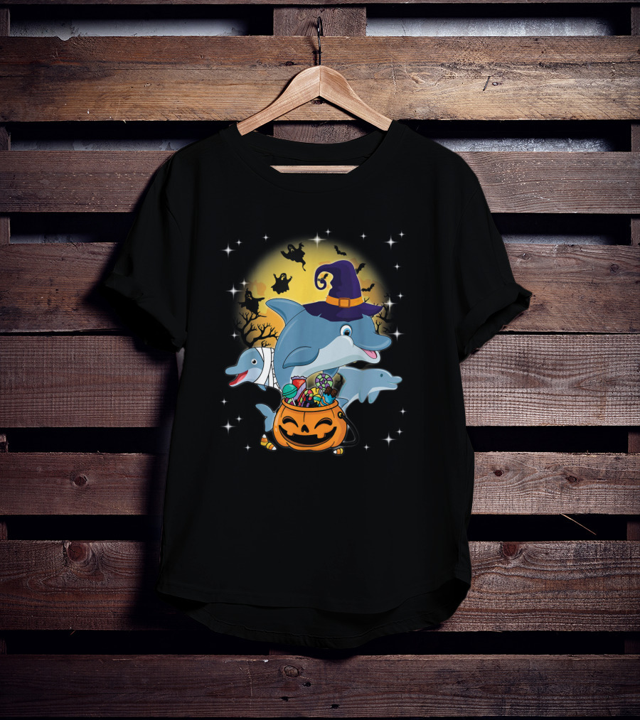 Dolphin Witch And Mummy With Pumpkin Candy Under Halloween Moon With Ghosts T-Shirt