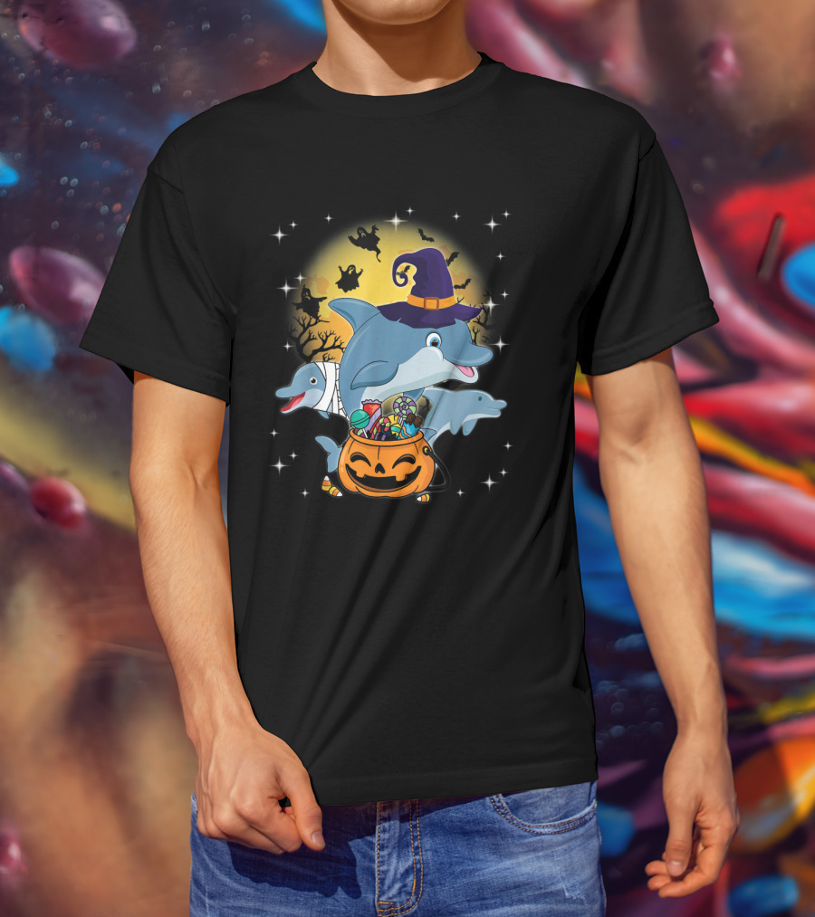 Dolphin Witch And Mummy With Pumpkin Candy Under Halloween Moon With Ghosts T-Shirt