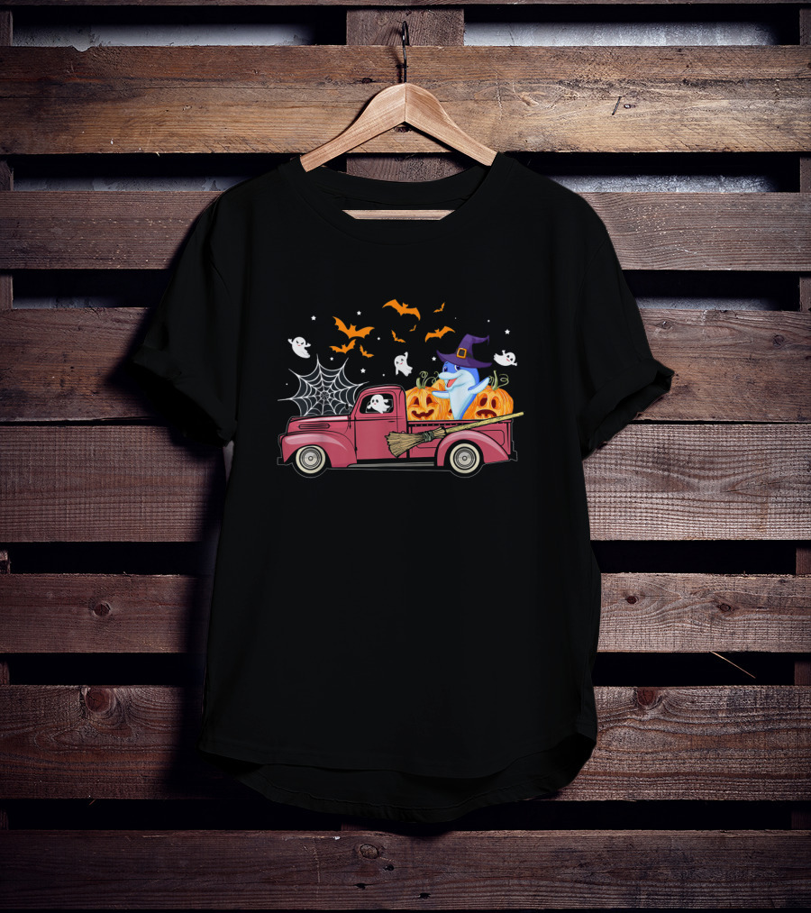 Halloween Ghost Dolphin Riding Red Truck With Pumpkins And Witch Hat T-Shirt