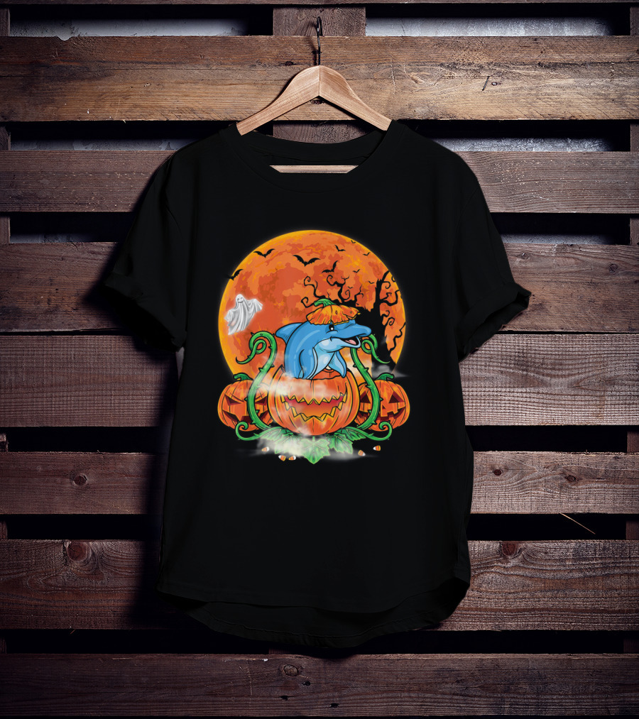 Dolphin Inside Pumpkin With Halloween Moon And Ghost T-Shirt