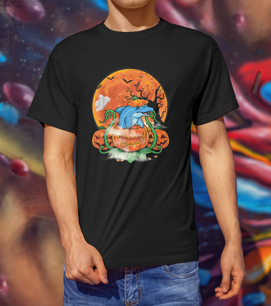 Dolphin Inside Pumpkin With Halloween Moon And Ghost T-Shirt