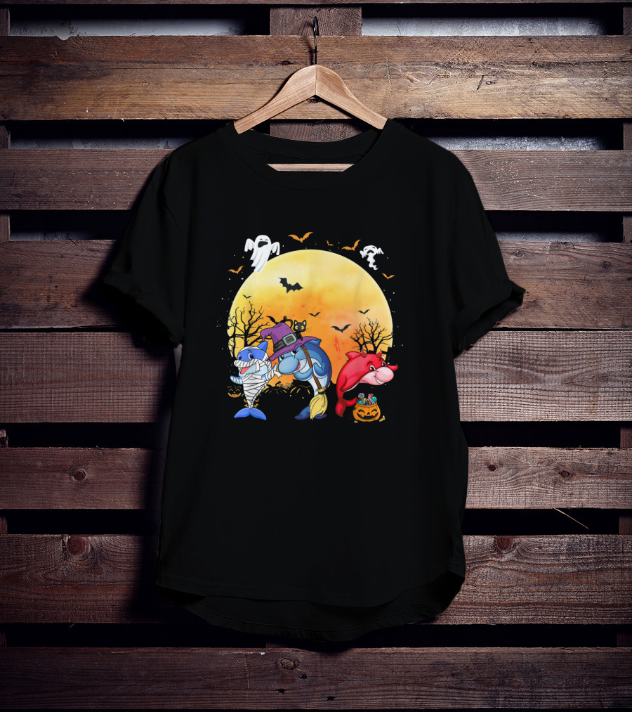 Halloween Dolphins: Mummy, Witch, And Devil With Ghosts And Bats T-Shirt