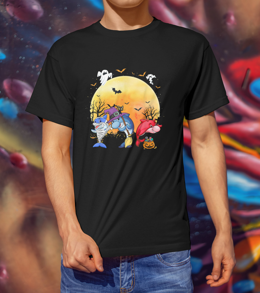 Halloween Dolphins: Mummy, Witch, And Devil With Ghosts And Bats T-Shirt