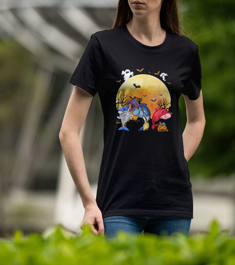 Halloween Dolphins: Mummy, Witch, And Devil With Ghosts And Bats T-Shirt