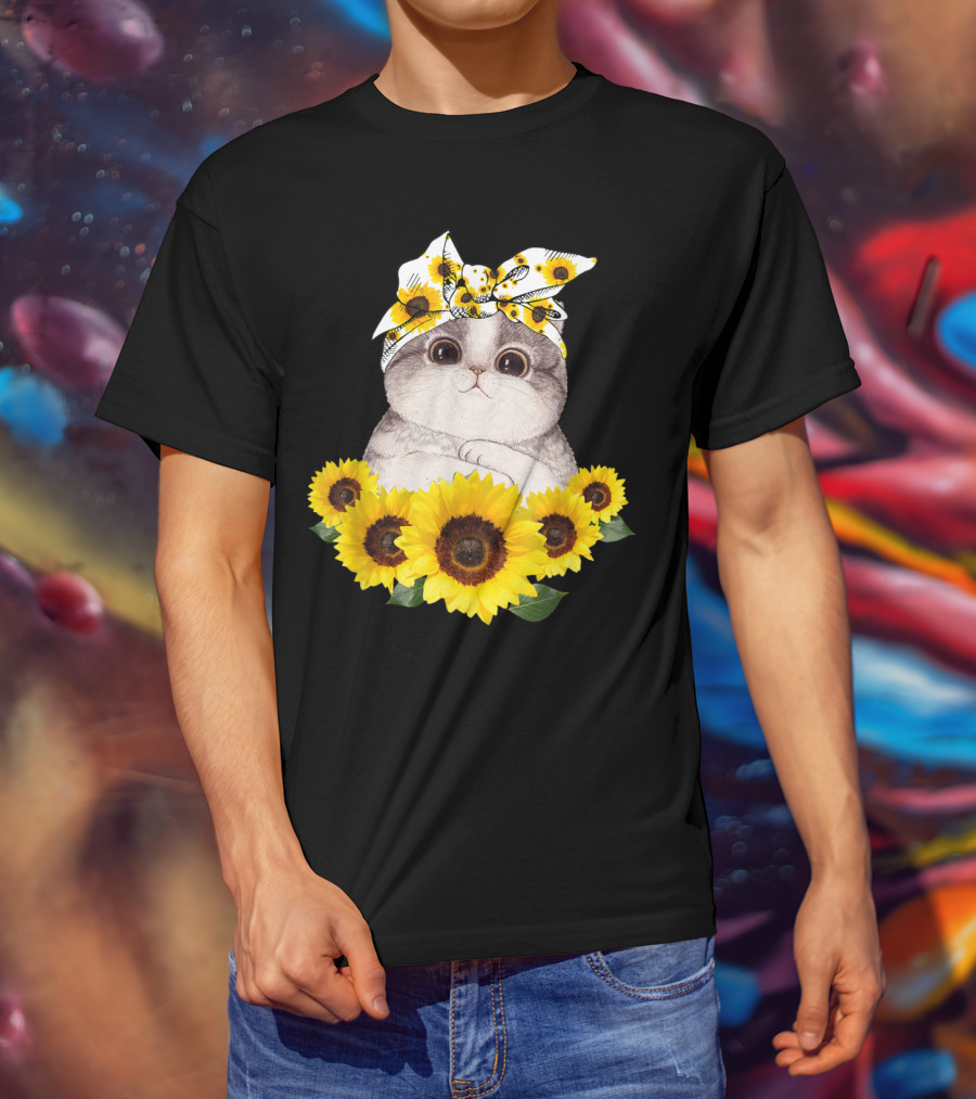 Sunflower Cat Headband Adorable Cats Lovers T-Shirt