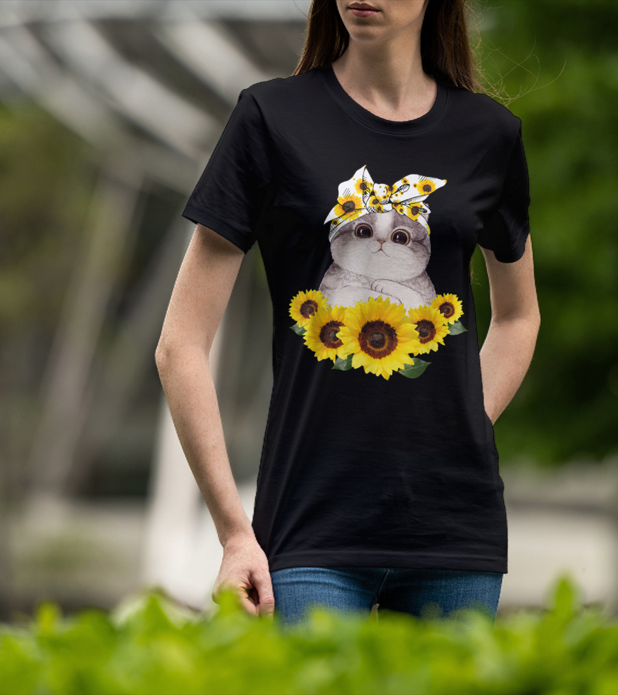 Sunflower Cat Headband Adorable Cats Lovers T-Shirt