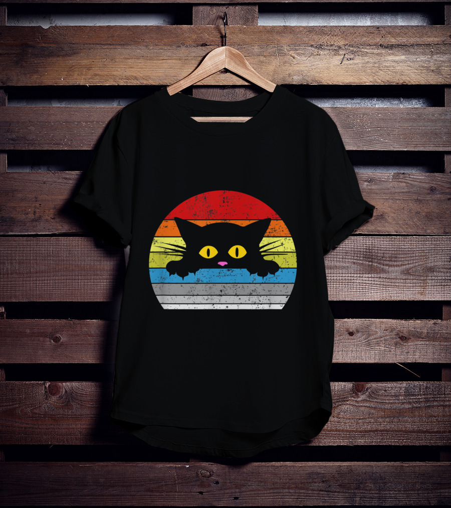 Vintage Rainbow Cat Peeking Retro 80s Style For Cat Lovers T-Shirt