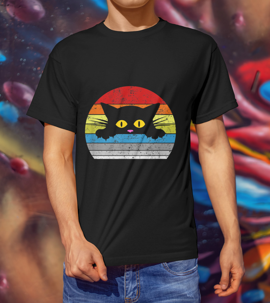Vintage Rainbow Cat Peeking Retro 80s Style For Cat Lovers T-Shirt