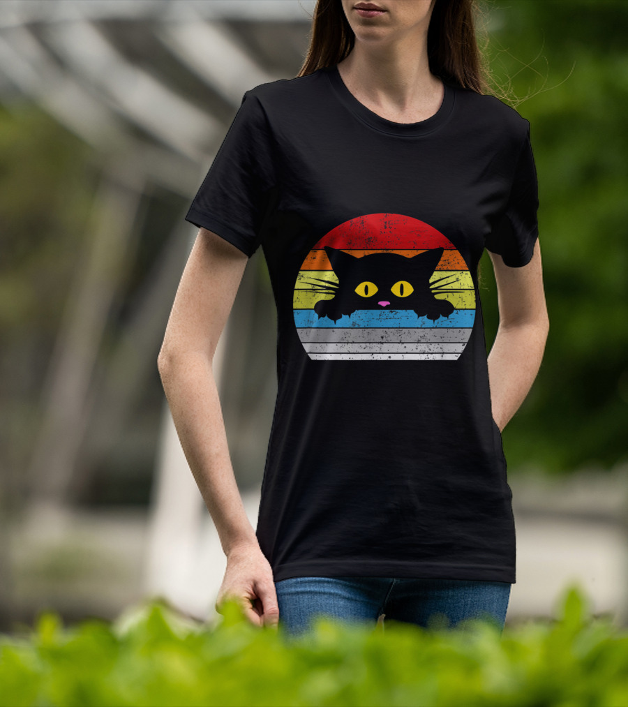 Vintage Rainbow Cat Peeking Retro 80s Style For Cat Lovers T-Shirt