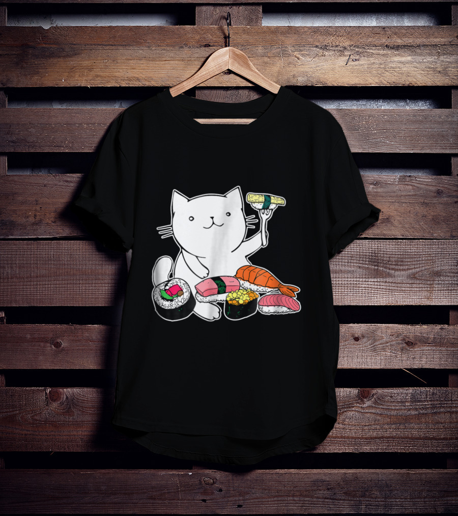 Playful Cat Enjoying Colorful Sushi Plate T-Shirt