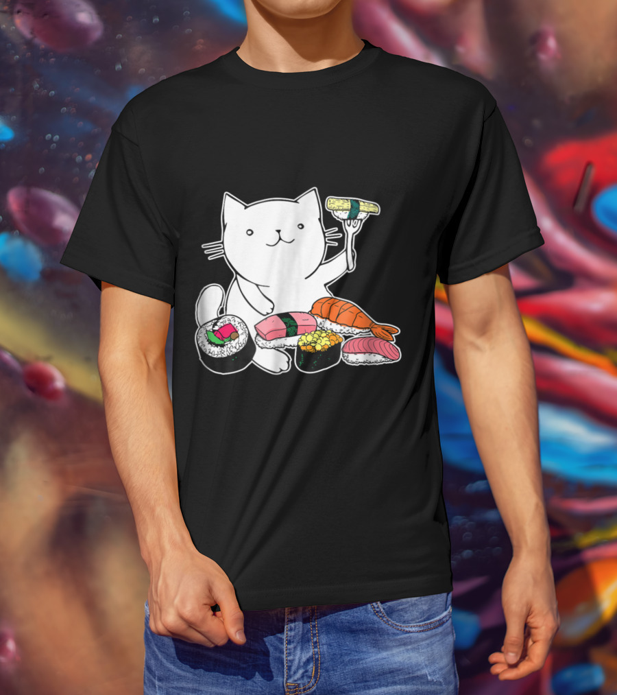 Playful Cat Enjoying Colorful Sushi Plate T-Shirt