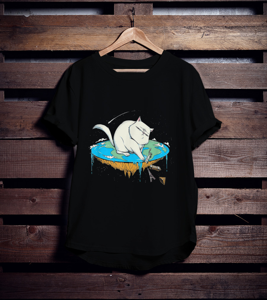 Cat Pawing Flat Earth With Iconic Landmarks For Humorous Cat Lovers T-Shirt