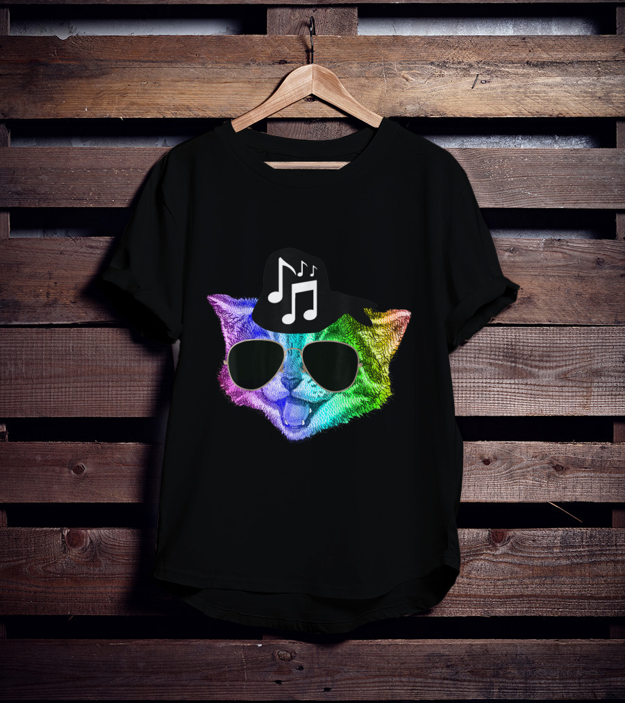 Colorful Rainbow DJ Music Kitty With Sunglasses And Hat For Feline Cat Lovers T-Shirt