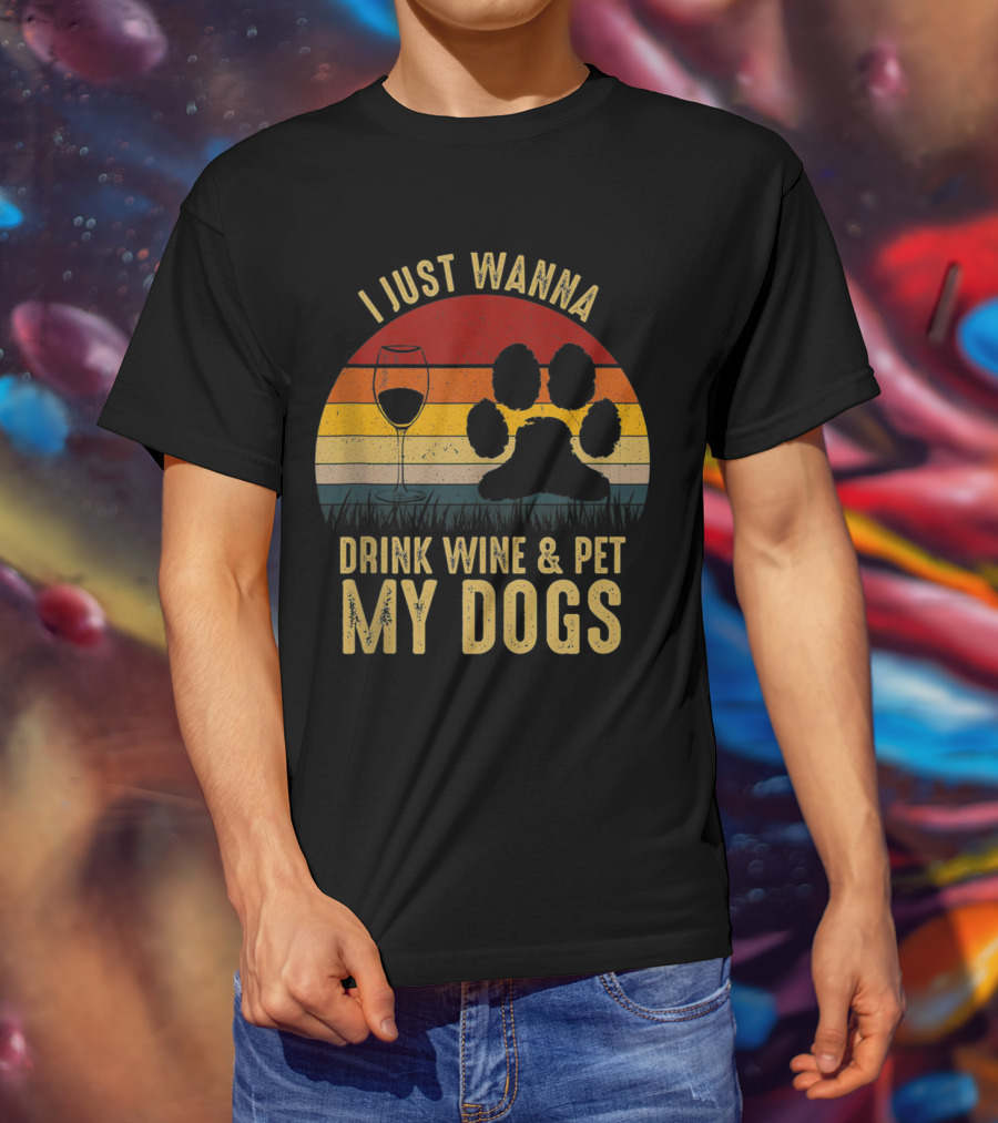 I Just Wanna Drink Wine And Pet My Dogs Retro Paw Print And Wine Glass Vintage Stripes T-Shirt