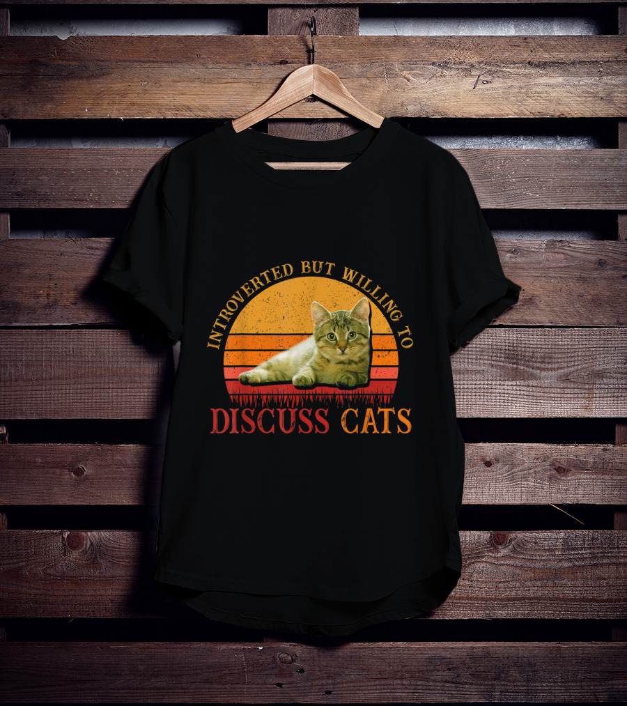Introverted But Willing To Discuss Cats With Vintage Sunset Cat T-Shirt