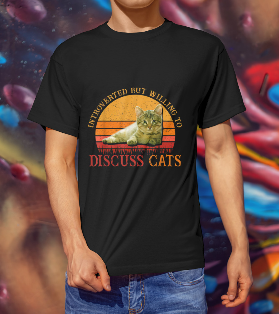Introverted But Willing To Discuss Cats With Vintage Sunset Cat T-Shirt