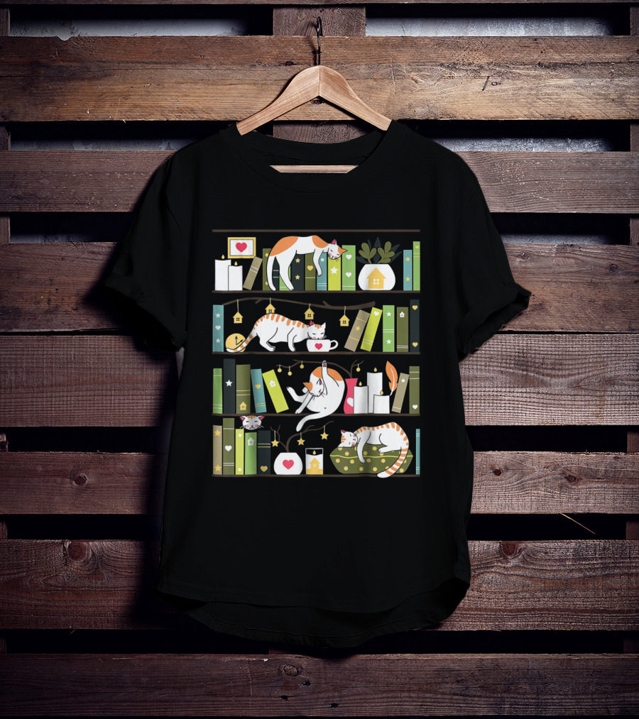 Library Cats Delightful Shelves Adorable Cats Book Lovers Day Charm T-Shirt