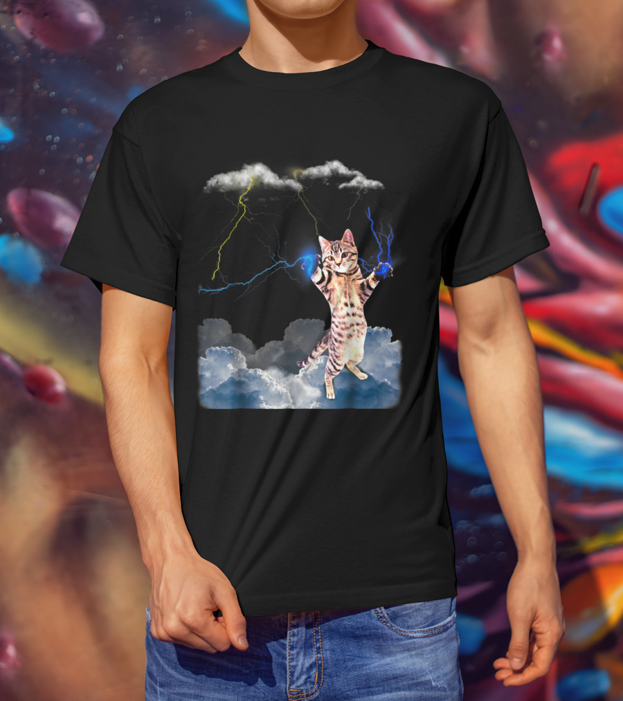 Lightning Cat With Stormy Clouds And Electric Bolts T-Shirt