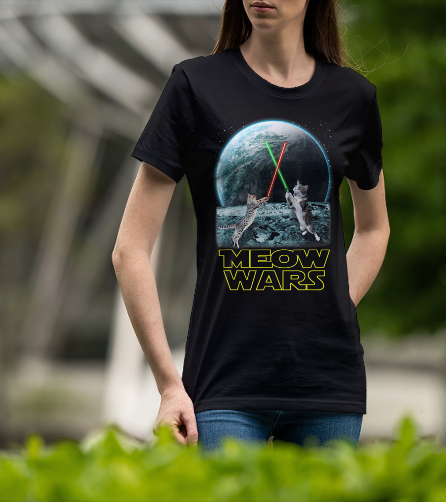 Meow Wars Funny Cats Lovers Galactic Duel With Light Sabers T-Shirt