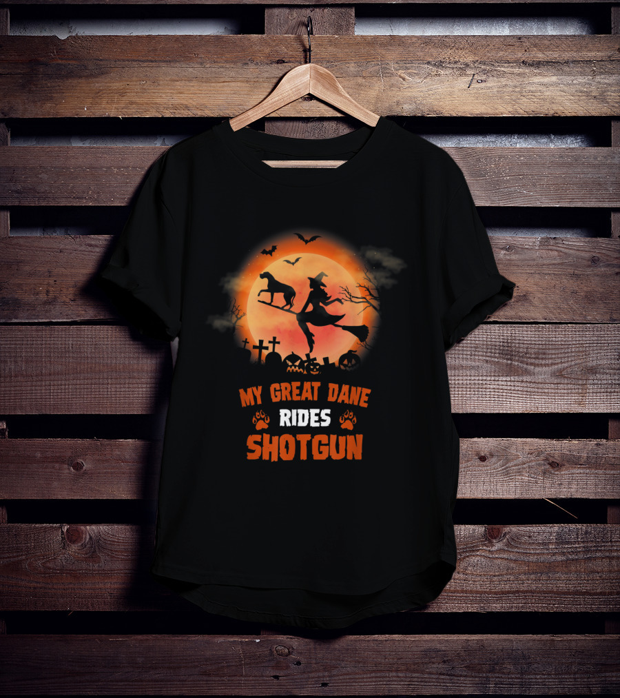 Great Dane Halloween Shotgun Witch And Dog Graveyard Scene T-Shirt