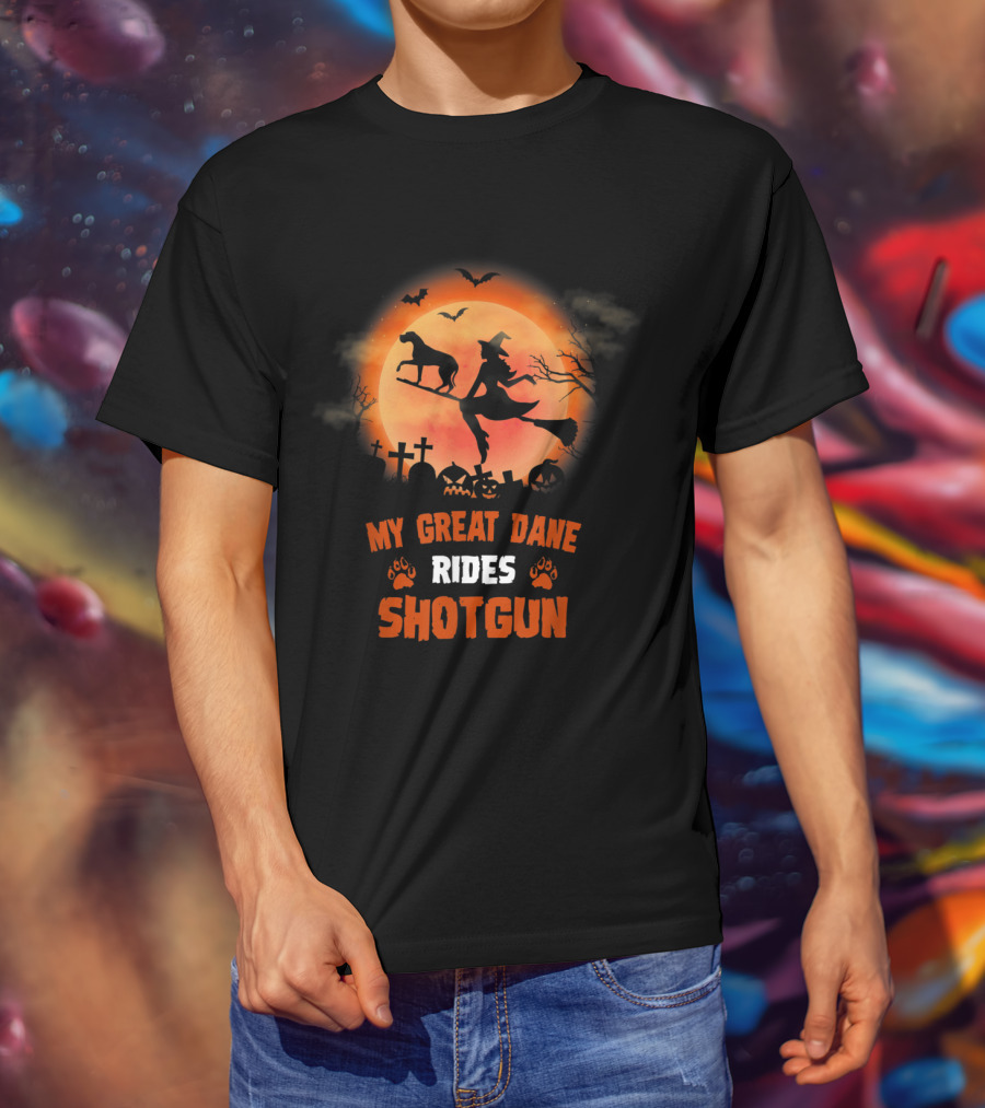 Great Dane Halloween Shotgun Witch And Dog Graveyard Scene T-Shirt