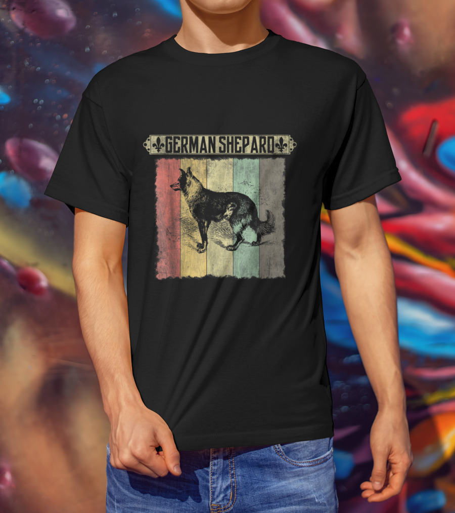 German Shepard Vintage Retro Distressed Style With Colorful Stripes T-Shirt