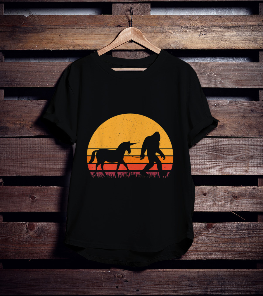 Bigfoot Sasquatch Walking Unicorn Retro Sunset T-Shirt