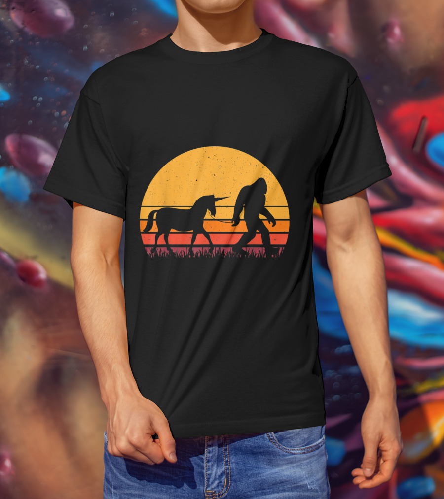 Bigfoot Sasquatch Walking Unicorn Retro Sunset T-Shirt