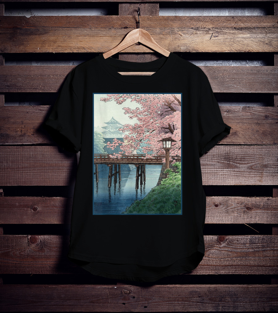 Japanese Cherry Blossom Woodblock Bridge And Pagoda Scene T-Shirt