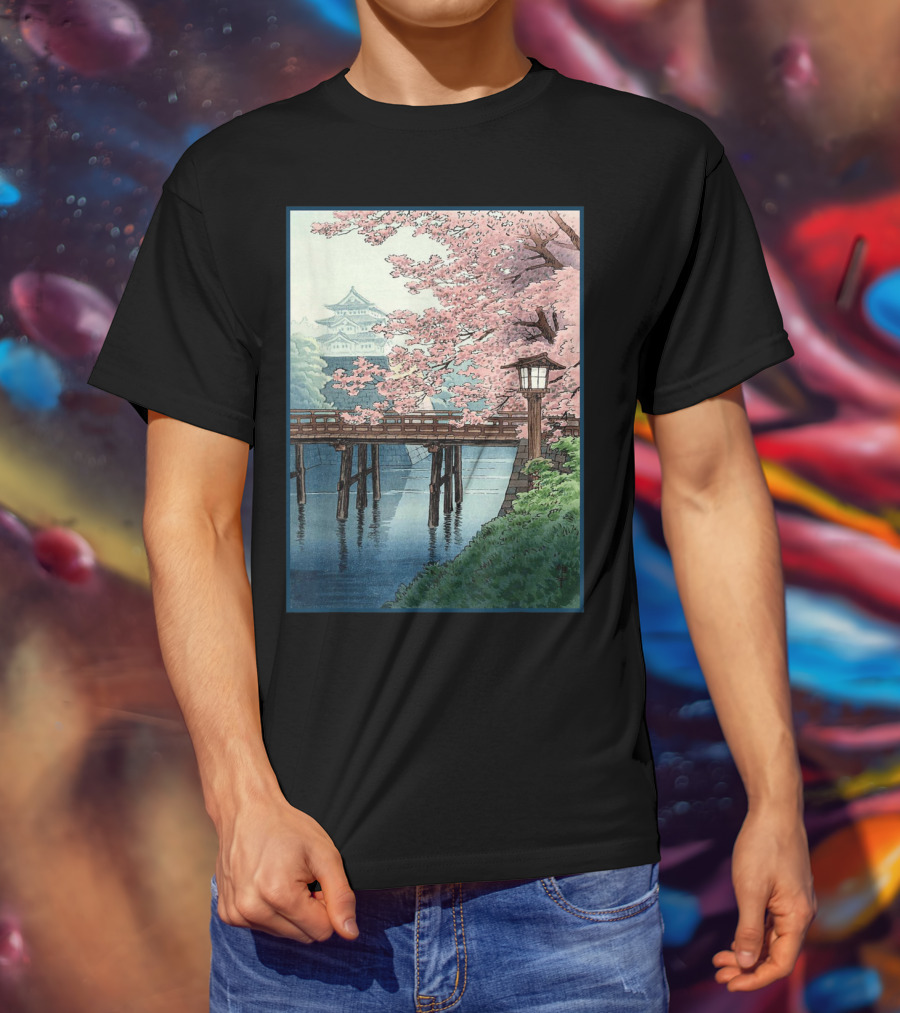 Japanese Cherry Blossom Woodblock Bridge And Pagoda Scene T-Shirt