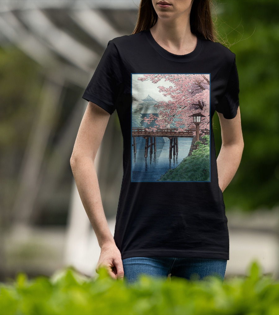 Japanese Cherry Blossom Woodblock Bridge And Pagoda Scene T-Shirt