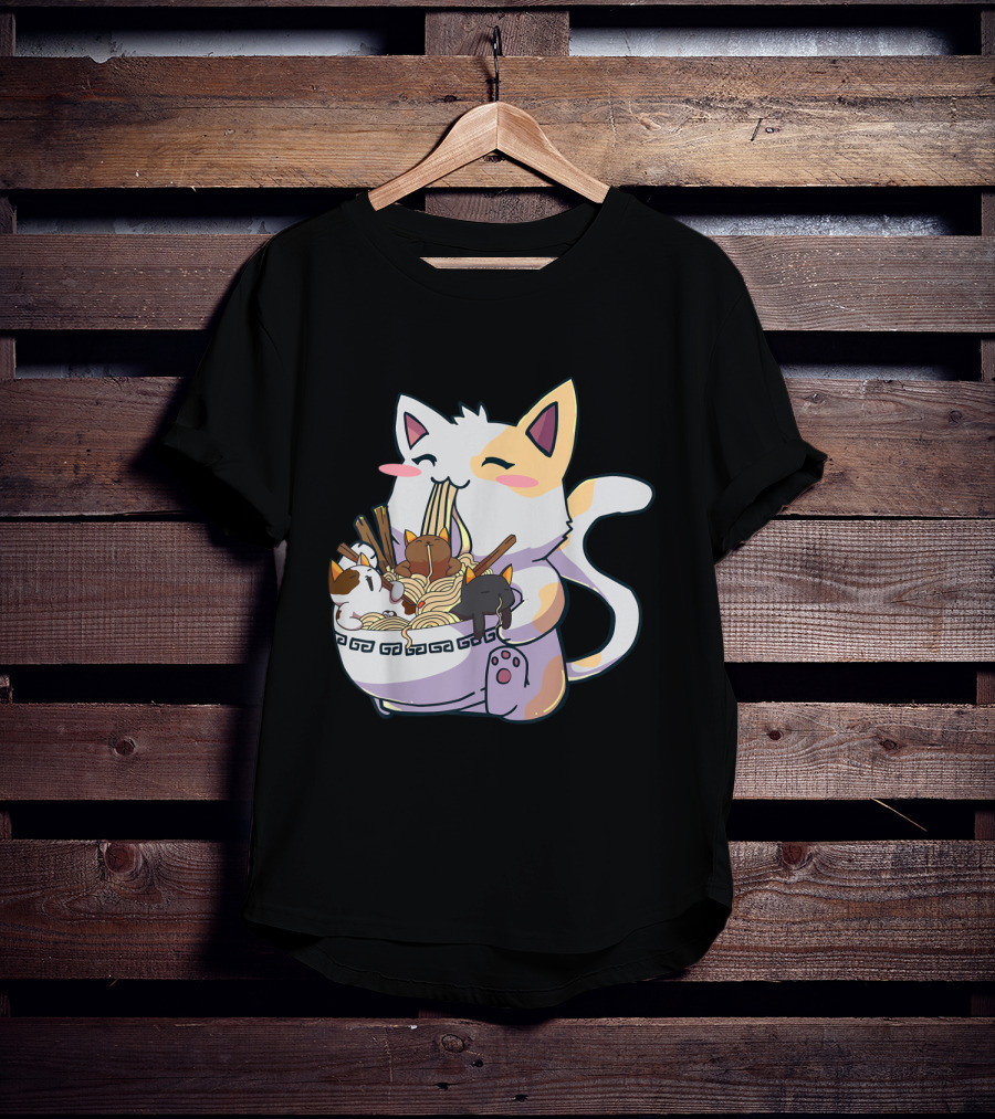 Kawaii Neko Cat With Ramen Bowl Anime Japanese Noodles And Chopsticks T-Shirt