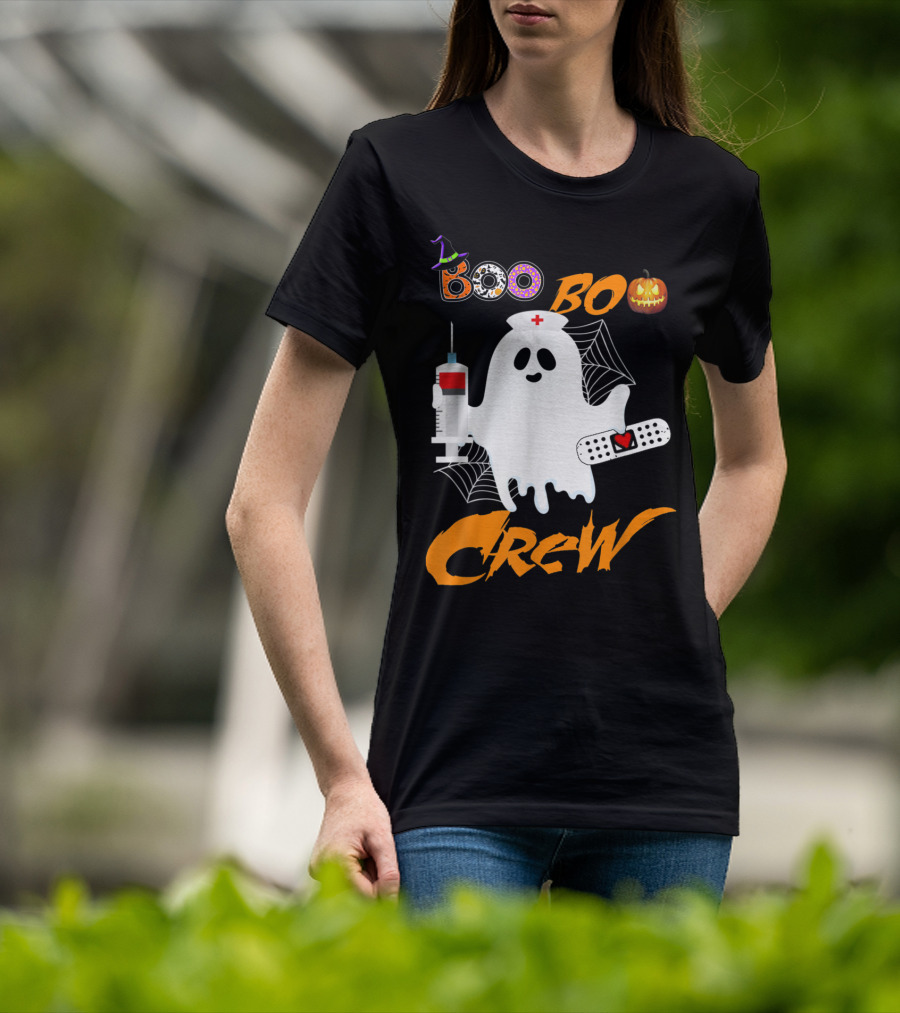 Boo Boo Crew Nurse Ghost Funny Halloween Costume With Syringe And Spider Webs T-Shirt