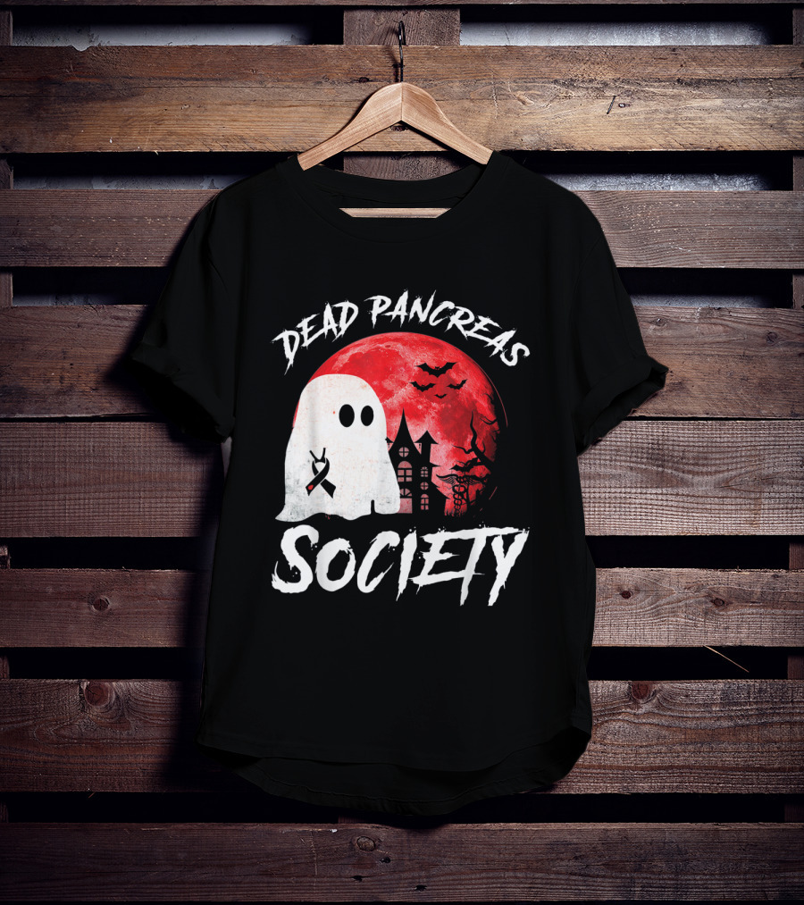 Dead Pancreas Society Halloween Ghost With Diabetes Awareness Ghostly Castle And Blood Moon T-Shirt